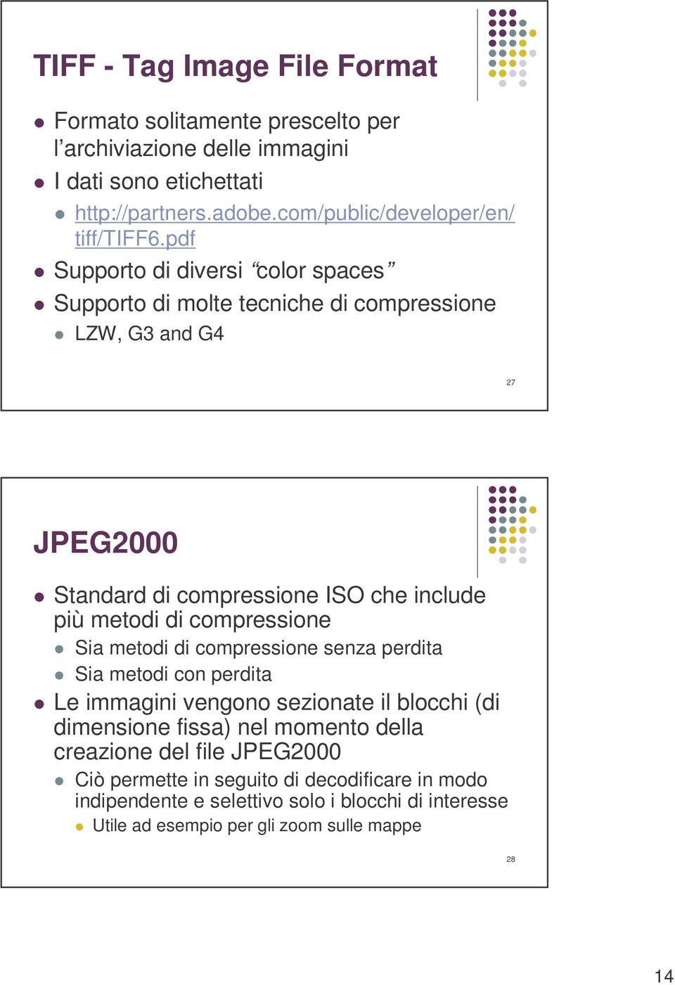 pdf Supporto di diversi color spaces Supporto di molte tecniche di compressione LZW, G3 and G4 27 JPEG2000 Standard di compressione ISO che include più metodi di