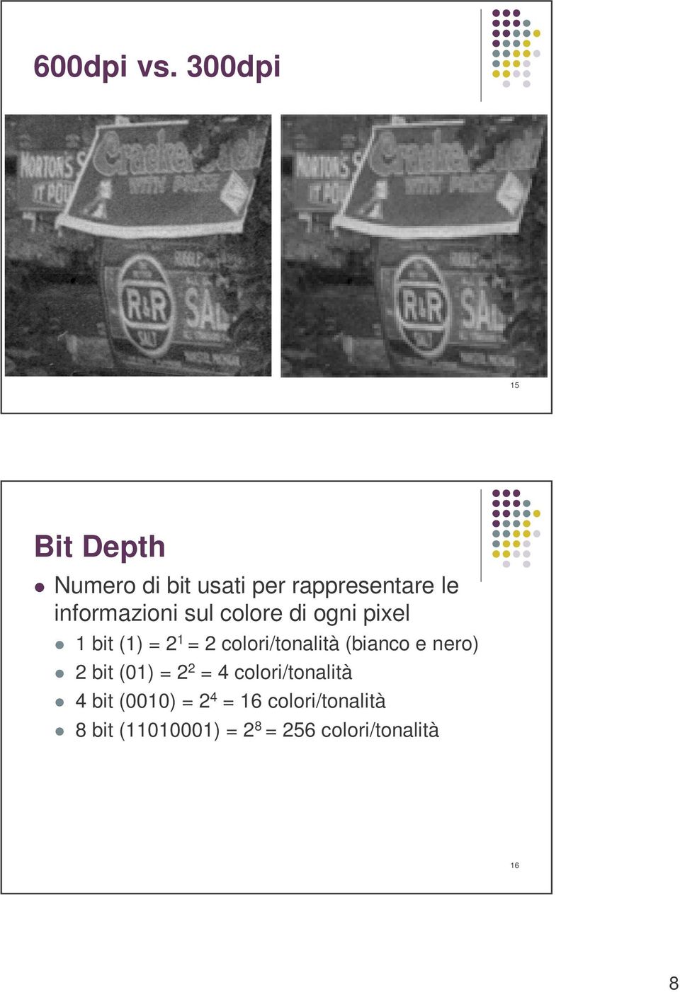 informazioni sul colore di ogni pixel 1 bit (1) = 2 1 = 2