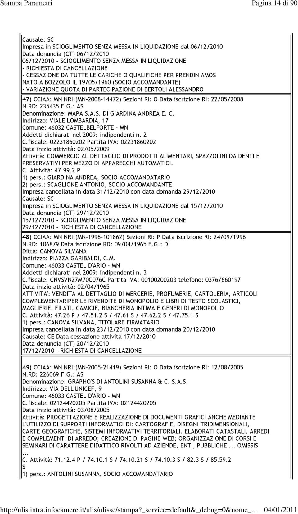 NRI:(MN-2008-14472) Sezioni RI: O Data iscrizione RI: 22/05/2008 N.RD: 235435 F.G.: AS Denominazione: MAPA S.A.S. DI GIARDINA ANDREA E. C.