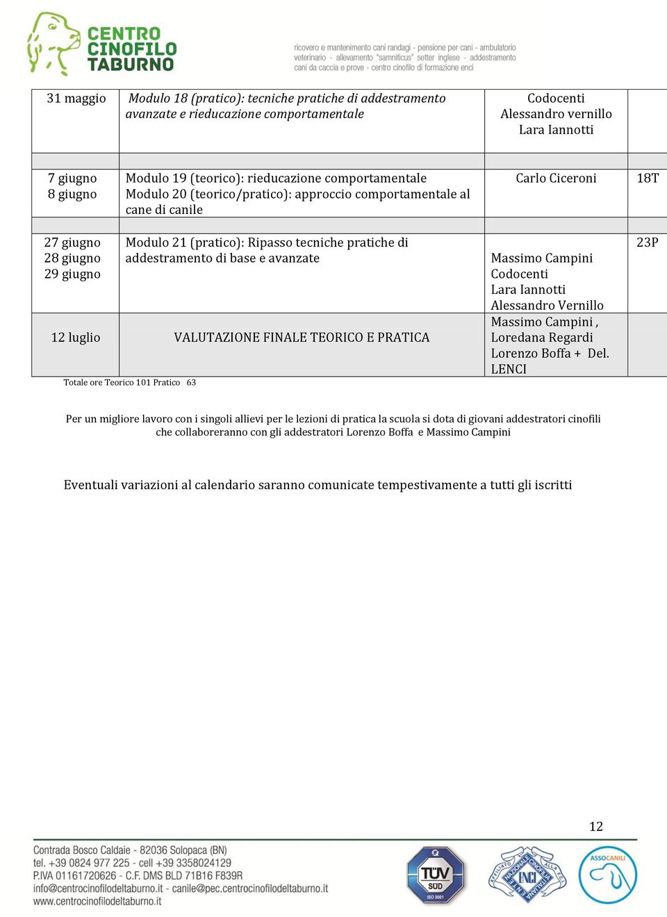 di addestramento di base e avanzate 12 luglio VALUTAZIONE FINALE TEORICO E PRATICA Totale ore Teorico 101 Pratico 63 Massimo Campini Codocenti Lara Iannotti Alessandro Vernillo Massimo Campini,