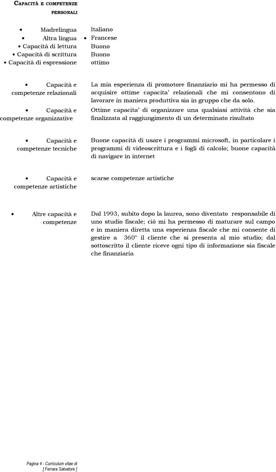 Ottime capacita di organizzare una qualsiasi attività che sia finalizzata al raggiungimento di un determinato risultato competenze tecniche Buone capacità di usare i programmi microsoft, in