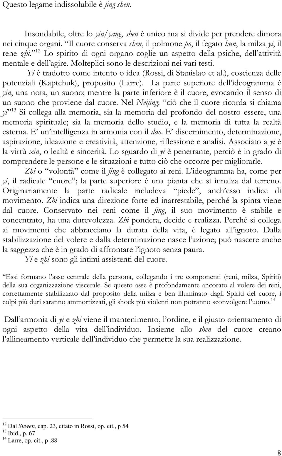 Molteplici sono le descrizioni nei vari testi. Yi è tradotto come intento o idea (Rossi, di Stanislao et al.), coscienza delle potenziali (Kaptchuk), proposito (Larre).