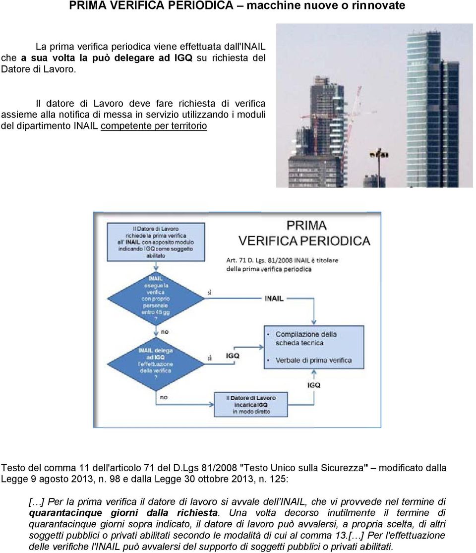 71 del D.Lgs 81/2008 "Testo Unico sullaa Sicurezza" " modificatoo dalla Legge 9 agosto 2013, n. 98 e dalla Legge 30 ottobre 2013, n.