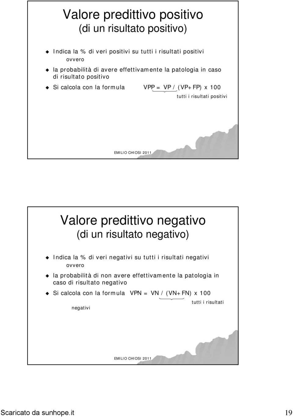 Valore predittivo negativo (di un risultato negativo) Indica la % di veri negativi su tutti i risultati negativi ovvero la probabilità di non