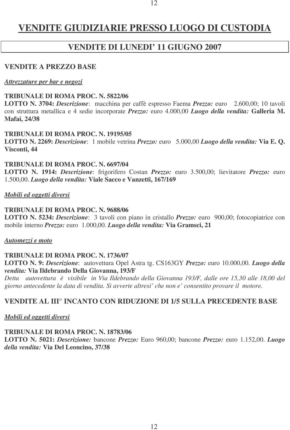 Mafai, 24/38 TRIBUNALE DI ROMA PROC. N. 19195/05 LOTTO N. 2269: Descrizione: 1 mobile vetrina Prezzo: euro 5.000,00 Luogo della vendita: Via E. Q. Visconti, 44 TRIBUNALE DI ROMA PROC. N. 6697/04 LOTTO N.