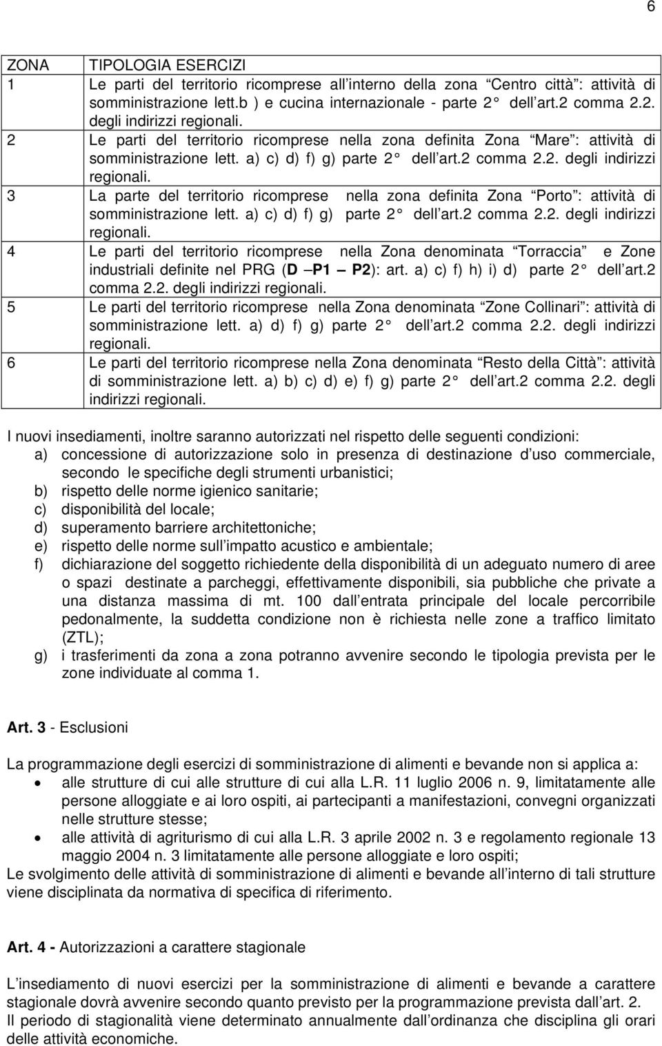 3 La parte del territorio ricomprese nella zona definita Zona Porto : attività di somministrazione lett. a) c) d) f) g) parte 2 dell art.2 comma 2.2. degli indirizzi regionali.