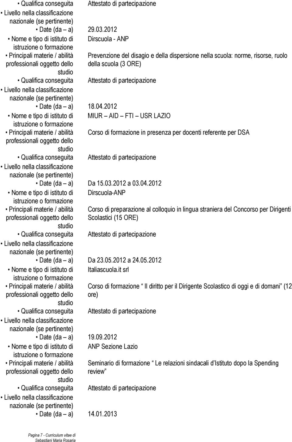 2012 Nome e tipo di istituto di MIUR AID FTI USR LAZIO Corso di formazione in presenza per docenti referente per DSA Attestato di partecipazione Date (da a) Da 15.03.2012 a 03.04.