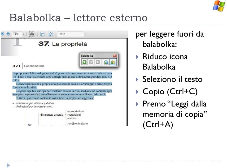 Balabolka Seleziono il testo Copio