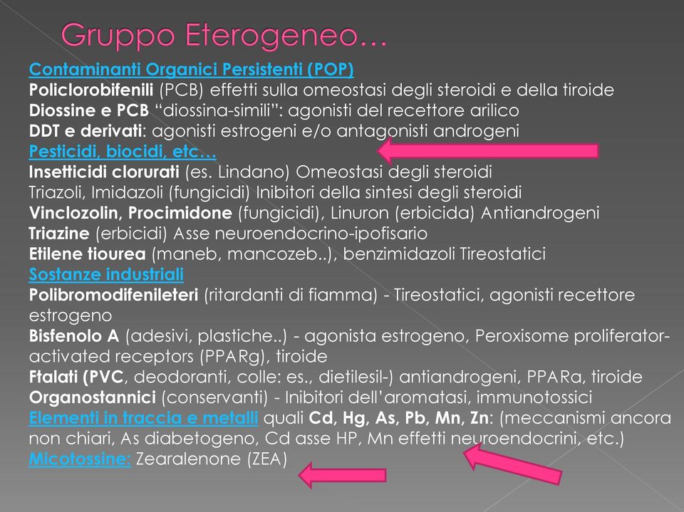 Lindano) Omeostasi degli steroidi Triazoli, Imidazoli (fungicidi) Inibitori della sintesi degli steroidi Vinclozolin, Procimidone (fungicidi), Linuron (erbicida) Antiandrogeni Triazine (erbicidi)