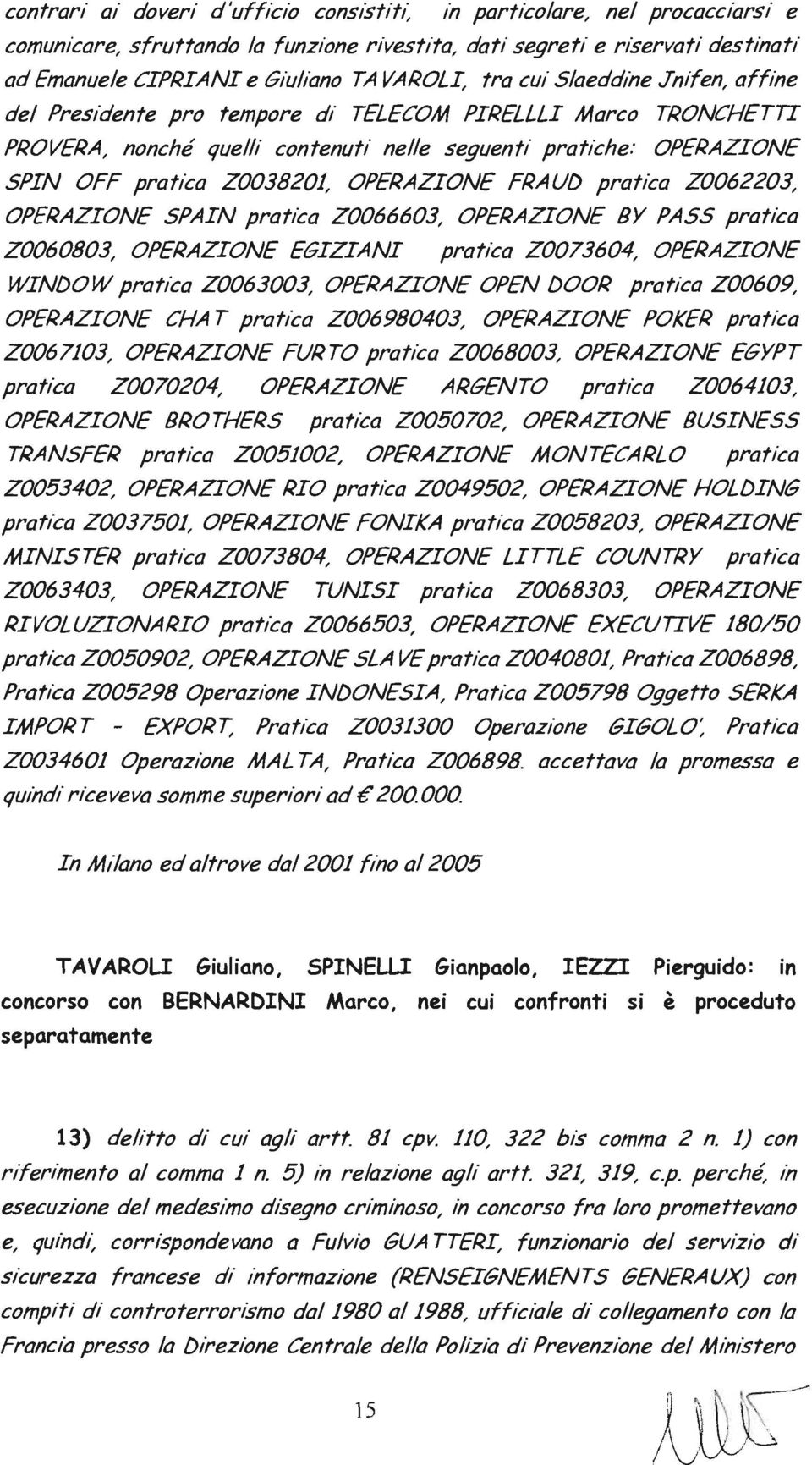 OPERAZIONE LITTLE COUNTRY pratica Z0063403, OPERAZIONE TUNISI pratica Z0068303, OPERAZIONE RIVOLUZIONARIO pratica Z0066503, OPERAZIONE EXECUTIVE 180/50 pratica Z0050902, OPERAZIONE SLA VEpratica