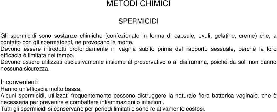 Devono essere utilizzati esclusivamente insieme al preservativo o al diaframma, poiché da soli non danno nessuna sicurezza. Hanno un efficacia molto bassa.