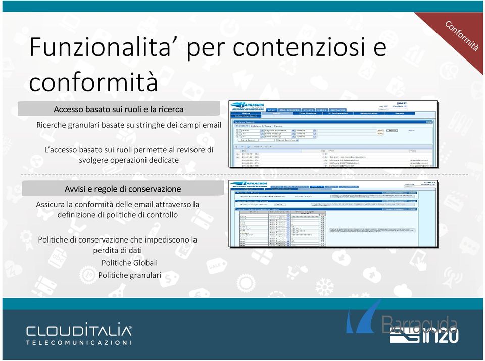 operazioni dedicate Avvisi e regole di conservazione Assicura la conformitàdelle email attraverso la definizione di