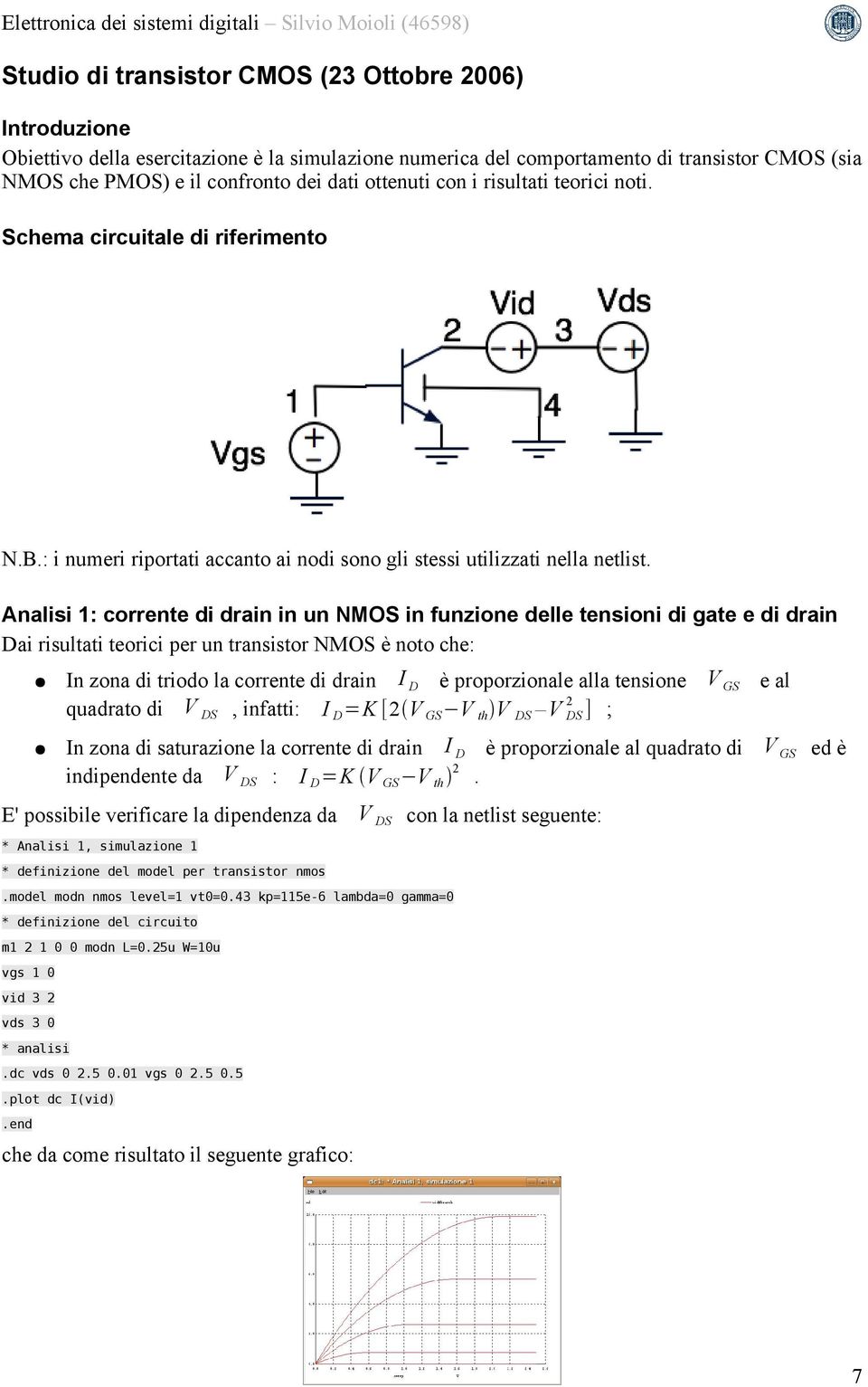 Analisi 1: corrente di drain in un NMOS in funzione delle tensioni di gate e di drain Dai risultati teorici per un transistor NMOS è noto che: In zona di triodo la corrente di drain I D è