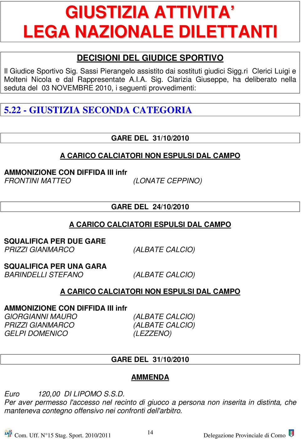 22 - GIUSTIZIA SECONDA CATEGORIA GARE DEL 31/10/2010 A CARICO CALCIATORI NON ESPULSI DAL CAMPO AMMONIZIONE CON DIFFIDA III infr FRONTINI MATTEO (LONATE CEPPINO) GARE DEL 24/10/2010 A CARICO