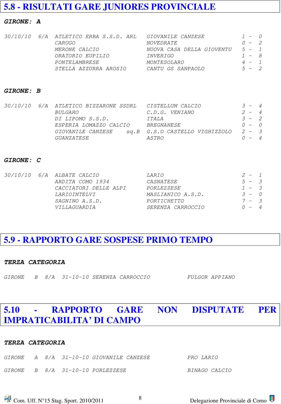 GIRONE: B 30/10/10 6/A ATLETICO BIZZARONE SS