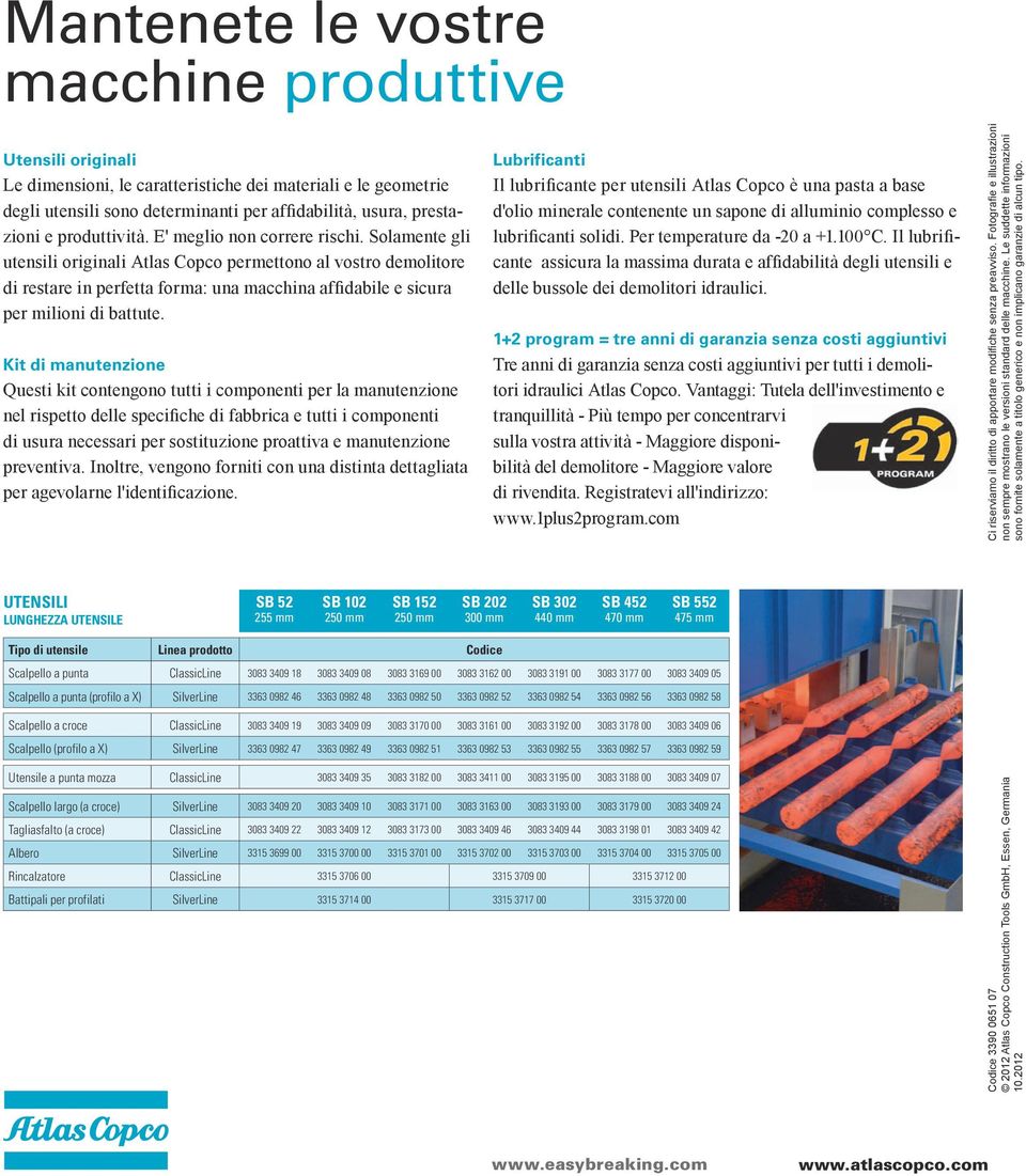 Solamente gli utensili originali Atlas Copco permettono al vostro demolitore di restare in perfetta forma: una macchina affidabile e sicura per milioni di battute.