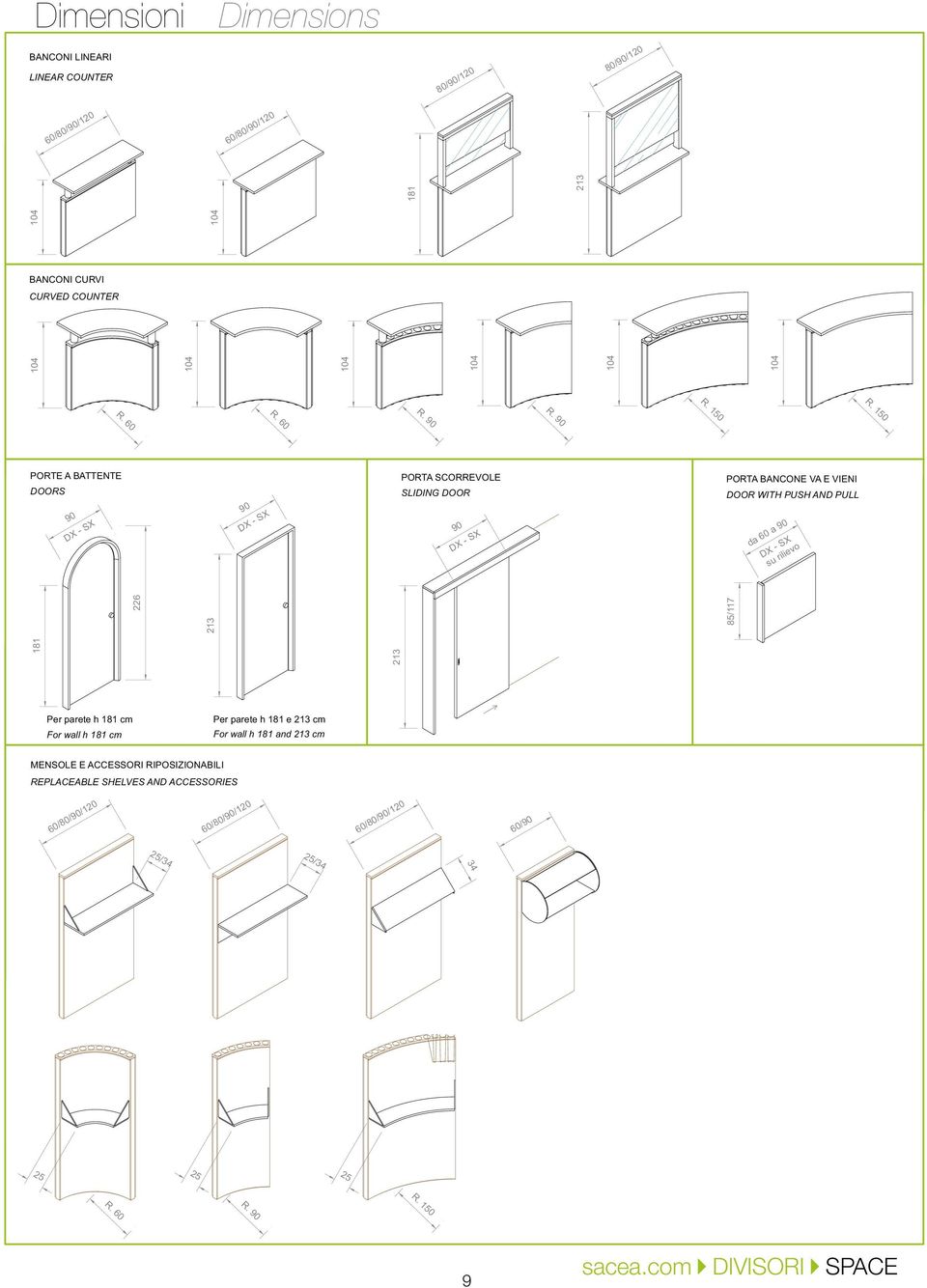 150 90 DX - SX 90 DX - SX 90 DX - SX da 60 a 90 DX - SX su rilievo 181 213 226 213 85/117 PORTE A BATTENTE PORTA SCORREVOLE PORTA