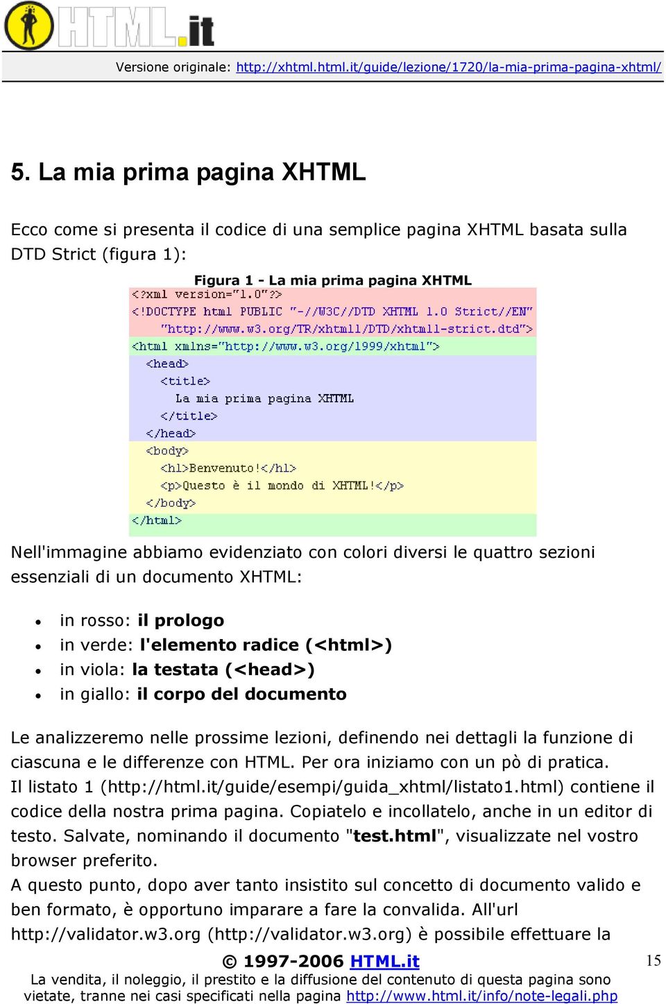 colori diversi le quattro sezioni essenziali di un documento XHTML: in rosso: il prologo in verde: l'elemento radice (<html>) in viola: la testata (<head>) in giallo: il corpo del documento Le