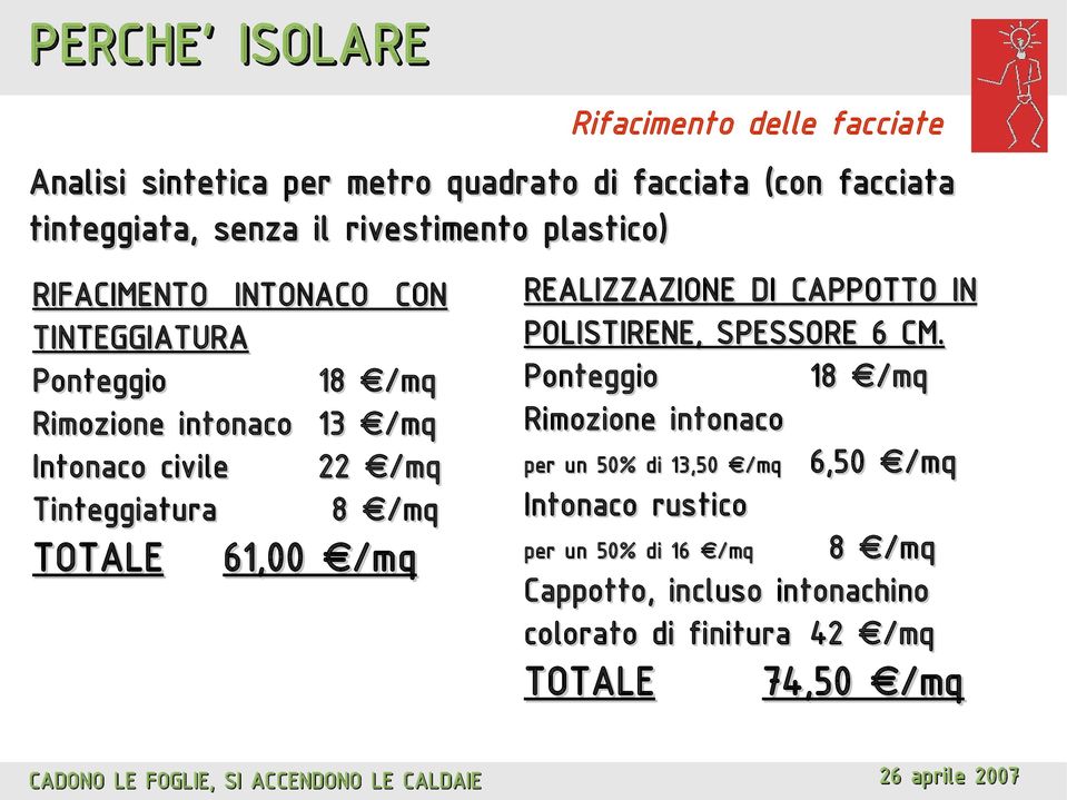 Tinteggiatura 8 /mq TOTALE 61,00 /mq REALIZZAZIONE DI CAPPOTTO IN POLISTIRENE, SPESSORE 6 CM.