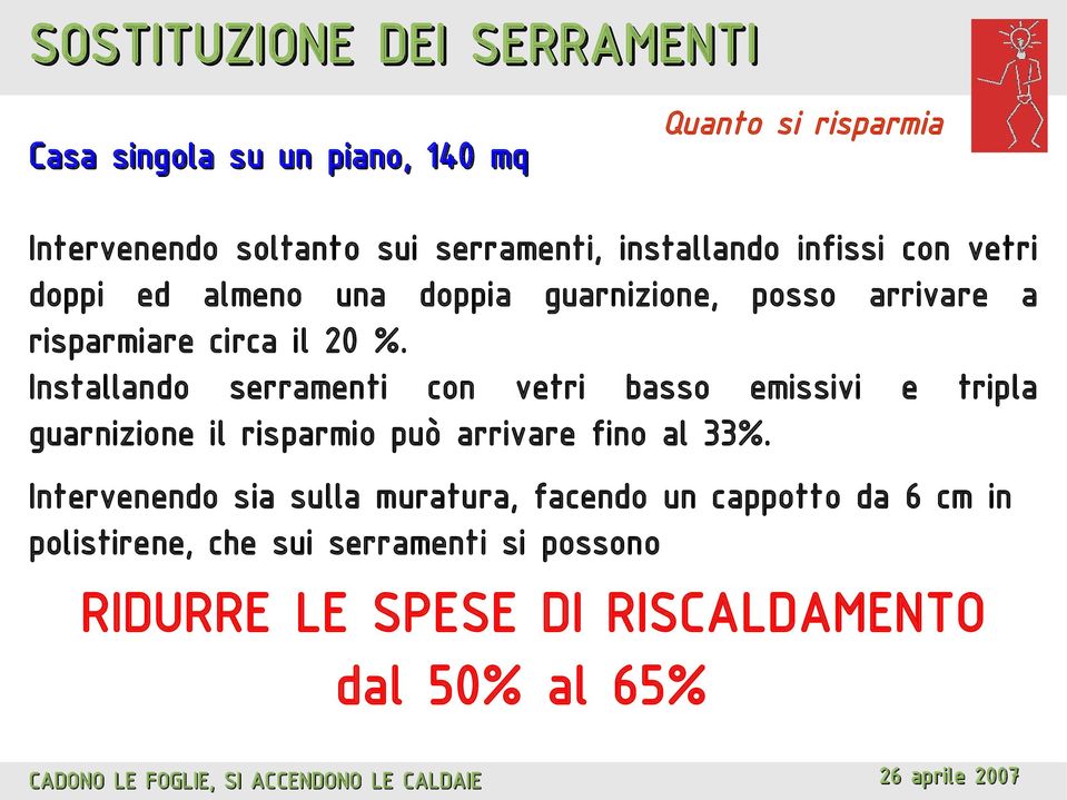 Installando serramenti con vetri basso emissivi e tripla guarnizione il risparmio può arrivare fino al 33%.