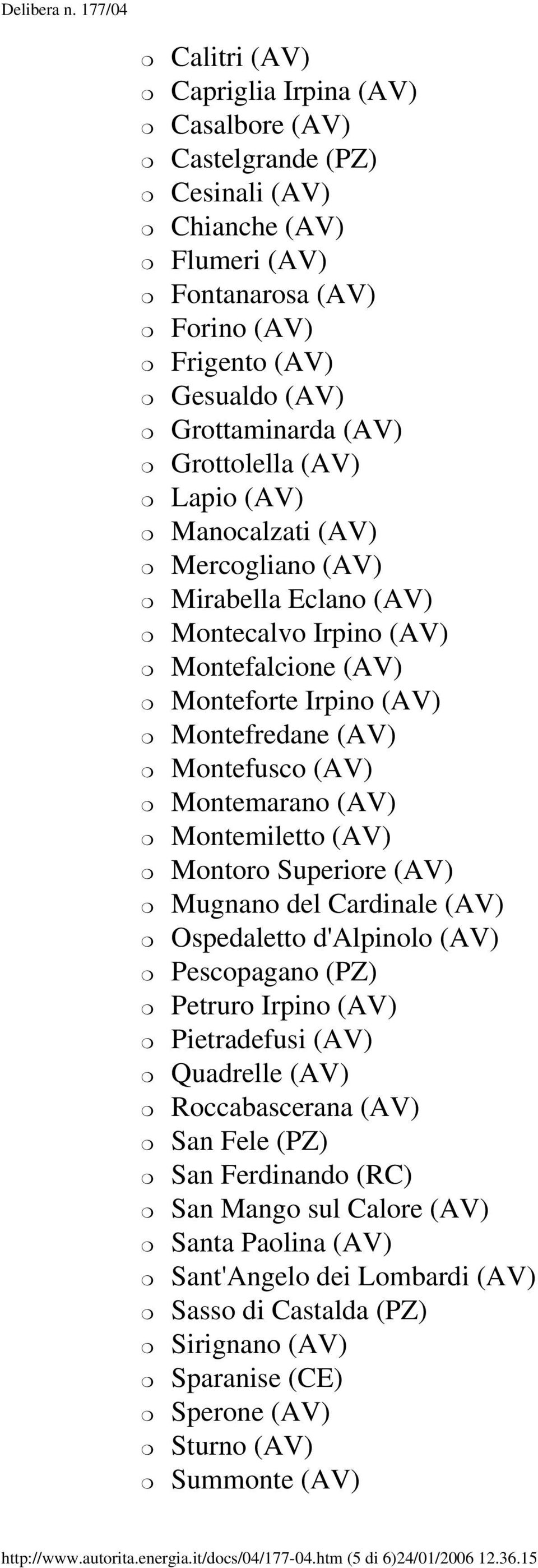 Montemiletto (AV) Montoro Superiore (AV) Mugnano del Cardinale (AV) Ospedaletto d'alpinolo (AV) Pescopagano (PZ) Petruro Irpino (AV) Pietradefusi (AV) Quadrelle (AV) Roccabascerana (AV) San Fele (PZ)