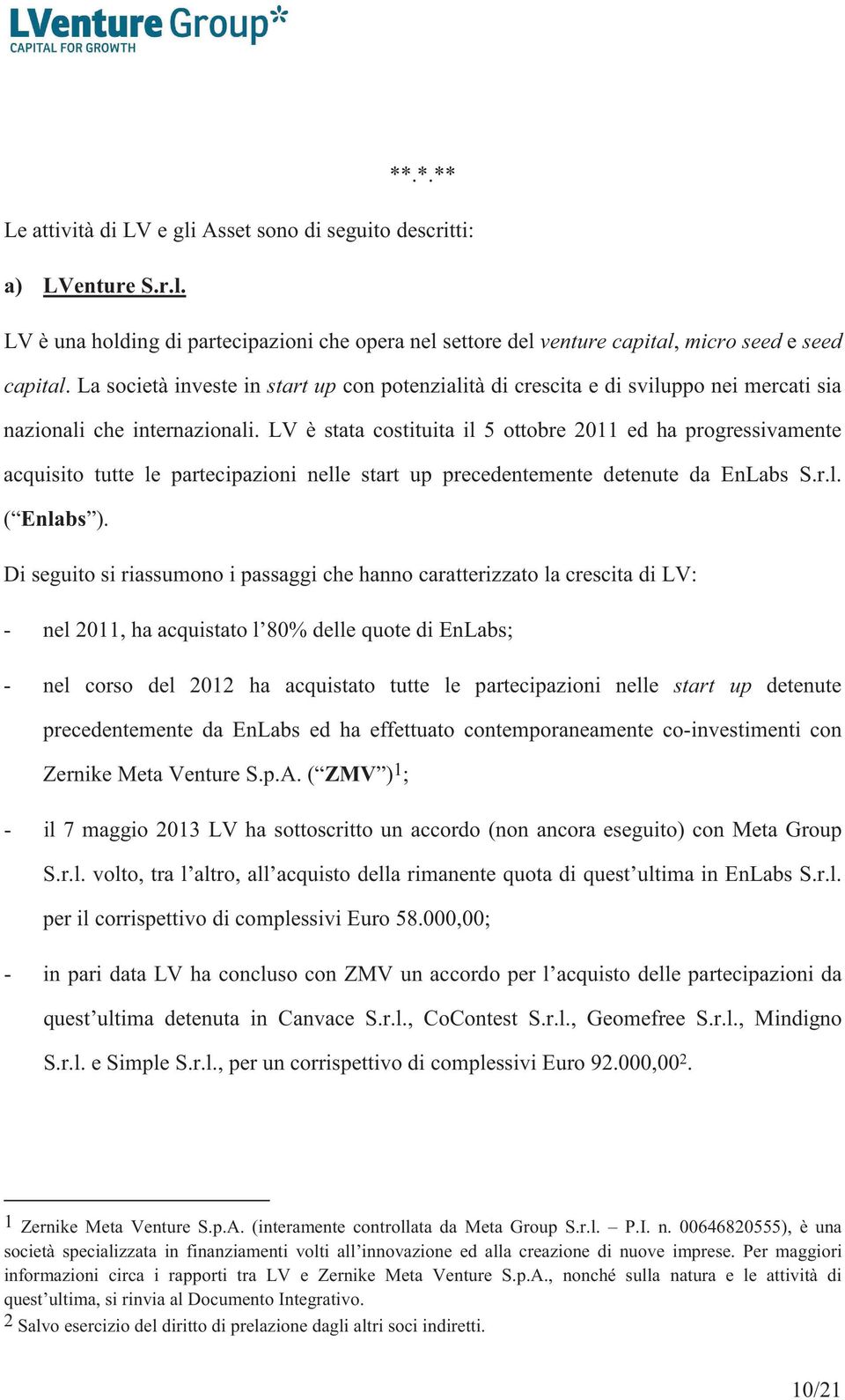 LV è stata costituita il 5 ottobre 2011 ed ha progressivamente acquisito tutte le partecipazioni nelle start up precedentemente detenute da EnLabs S.r.l. ( Enlabs ).