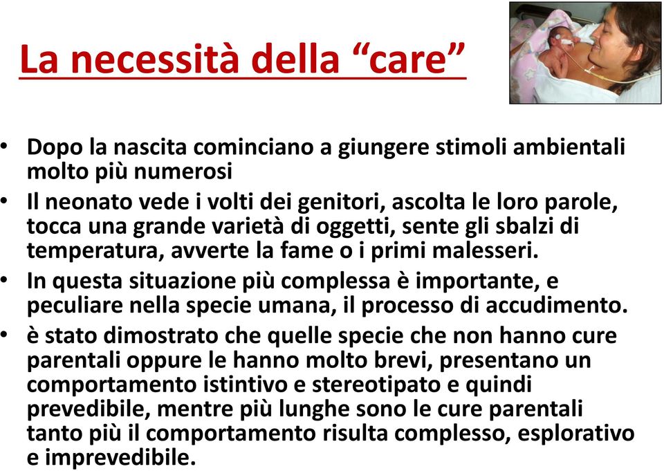 In questa situazione più complessa è importante, e peculiare nella specie umana, il processo di accudimento.