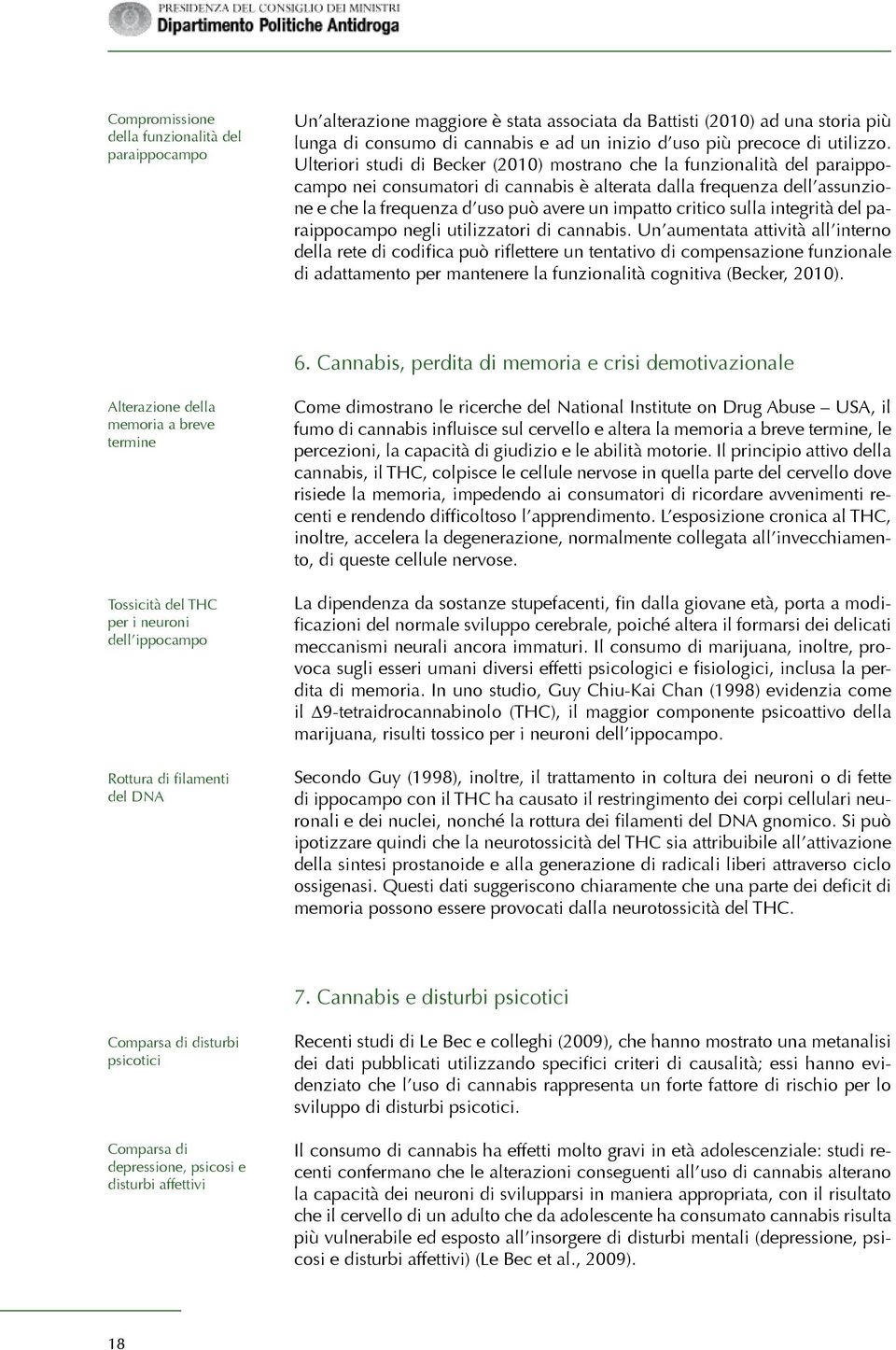 Ulteriori studi di Becker (2010) mostrano che la funzionalità del paraippocampo nei consumatori di cannabis è alterata dalla frequenza dell assunzione e che la frequenza d uso può avere un impatto