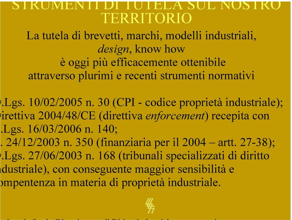 30 (CPI - codice proprietà industriale); irettiva 2004/48/CE (direttiva enforcement) recepita con.lgs. 16/03/2006 n. 140; 24/12/2003 n.