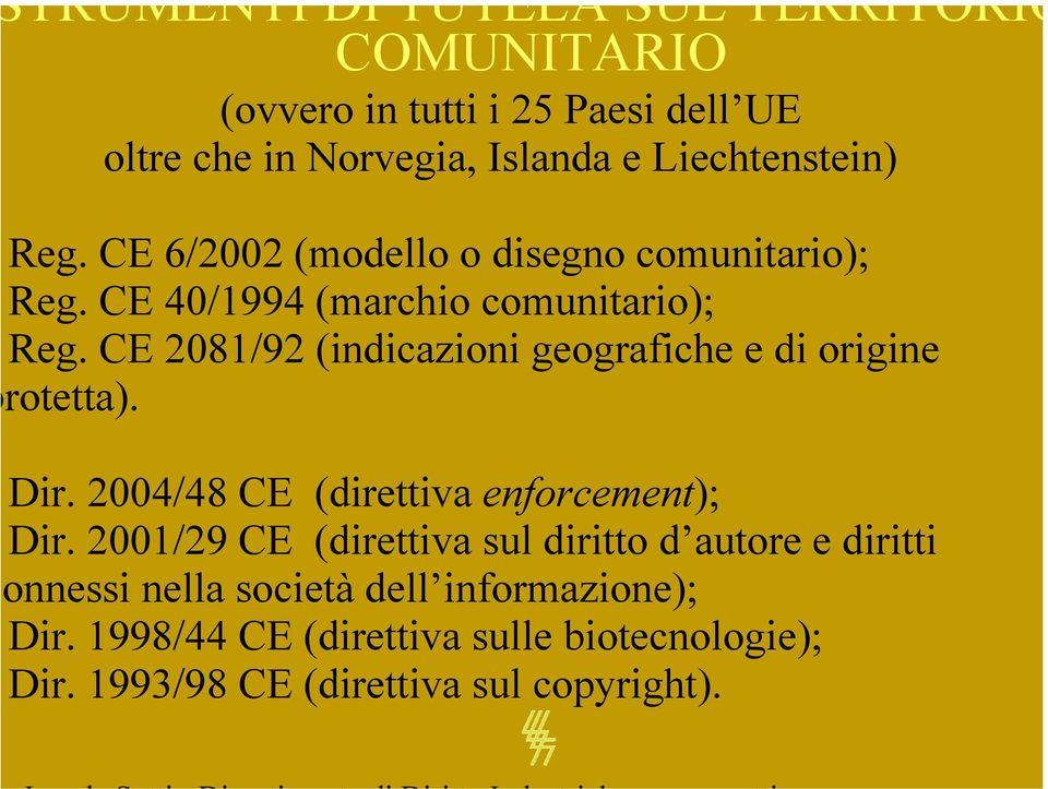 CE 2081/92 (indicazioni geografiche e di origine rotetta). Dir. 2004/48 CE (direttiva enforcement); Dir.