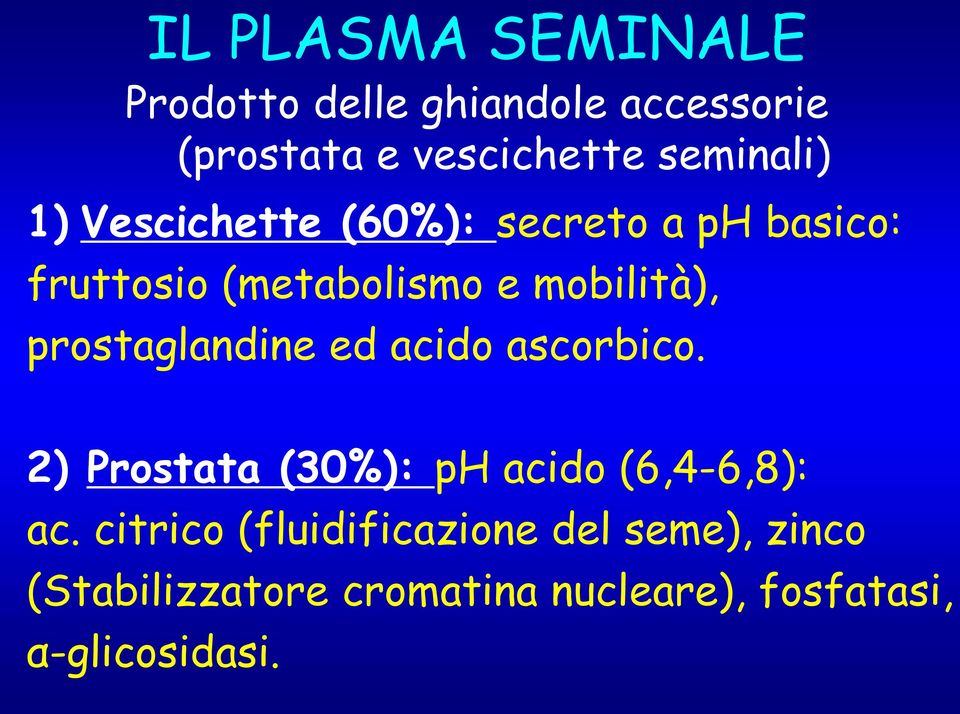 mobilità), prostaglandine ed acido ascorbico. 2) Prostata (30%): ph acido (6,4-6,8): ac.