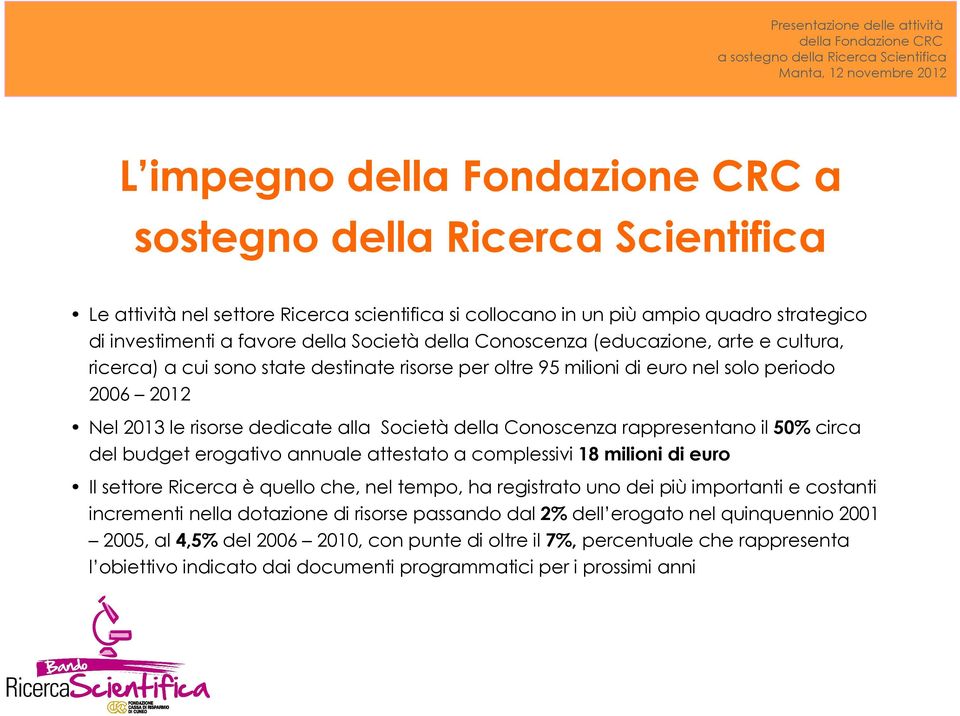 rappresentano il 50% circa del budget erogativo annuale attestato a complessivi 18 milioni di euro Il settore Ricerca è quello che, nel tempo, ha registrato uno dei più importanti e costanti