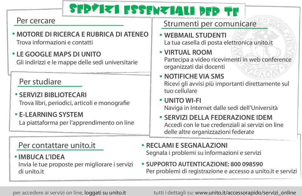 it SERVIZI ESSENZIALI PER TE IMBUCA L IDEA Invia le tue proposte per migliorare i servizi di unito.it Strumenti per comunicare WEBMAIL STUDENTI La tua casella di posta elettronica unito.