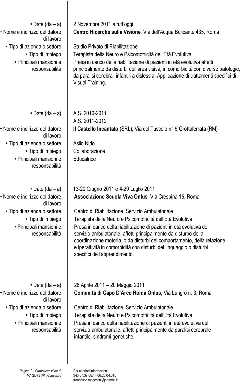 area visiva, in comorbidità con diverse patologie, da paralisi cerebrali infantili a dislessia. Applicazione di trattamenti specifici di Visual Training. Date (da a) A.S.