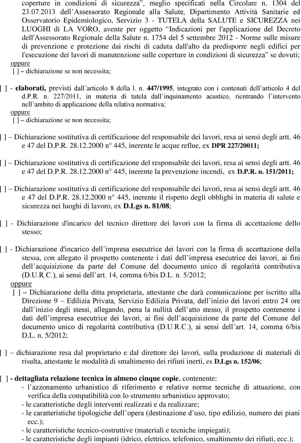 Indicazioni per l'applicazione del Decreto dell'assessorato Regionale della Salute n.