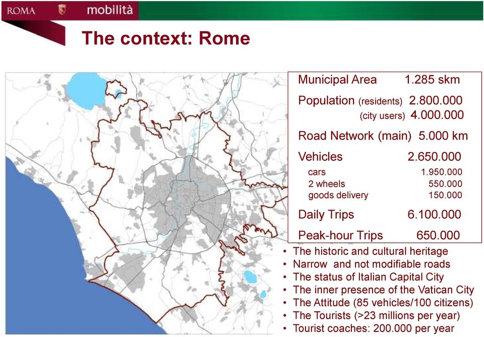 000 The historic and cultural heritage Narrow and not modifiable roads The status of Italian Capital City The inner presence