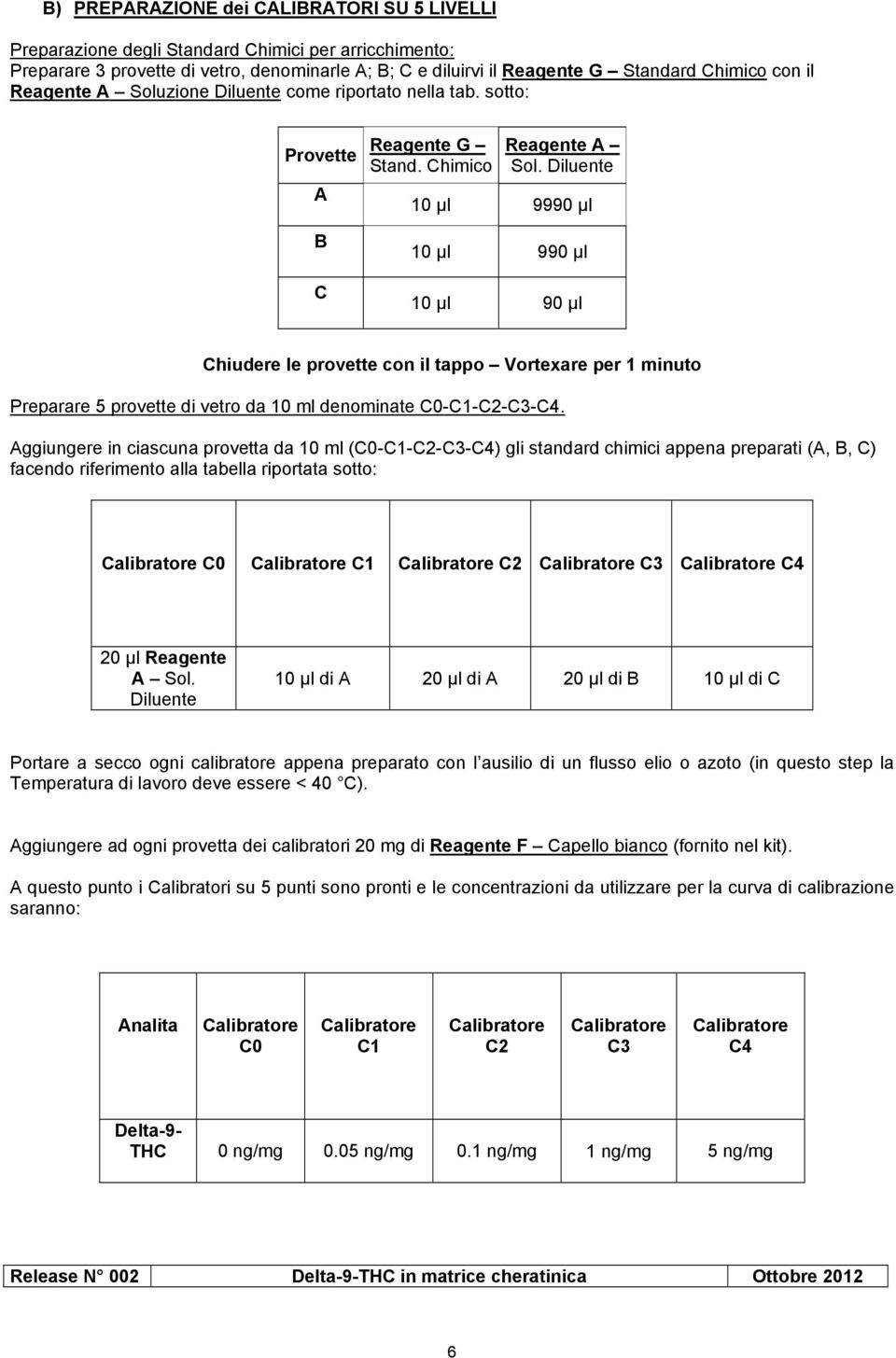 Diluente 10 µl 9990 µl B C 10 µl 990 µl 10 µl 90 µl Chiudere le provette con il tappo Vortexare per 1 minuto Preparare 5 provette di vetro da 10 ml denominate C0-C1-C2-C3-C4.