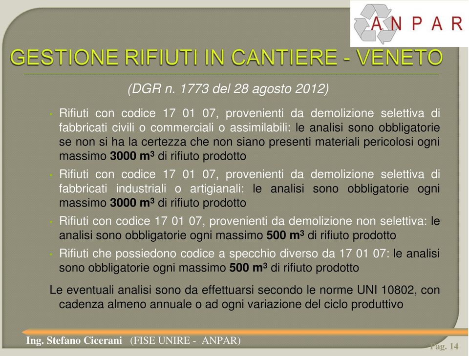 non siano presenti materiali pericolosi ogni massimo 3000 m 3 di rifiuto prodotto Rifiuti con codice 17 01 07, provenienti da demolizione selettiva di fabbricati industriali o artigianali: le analisi