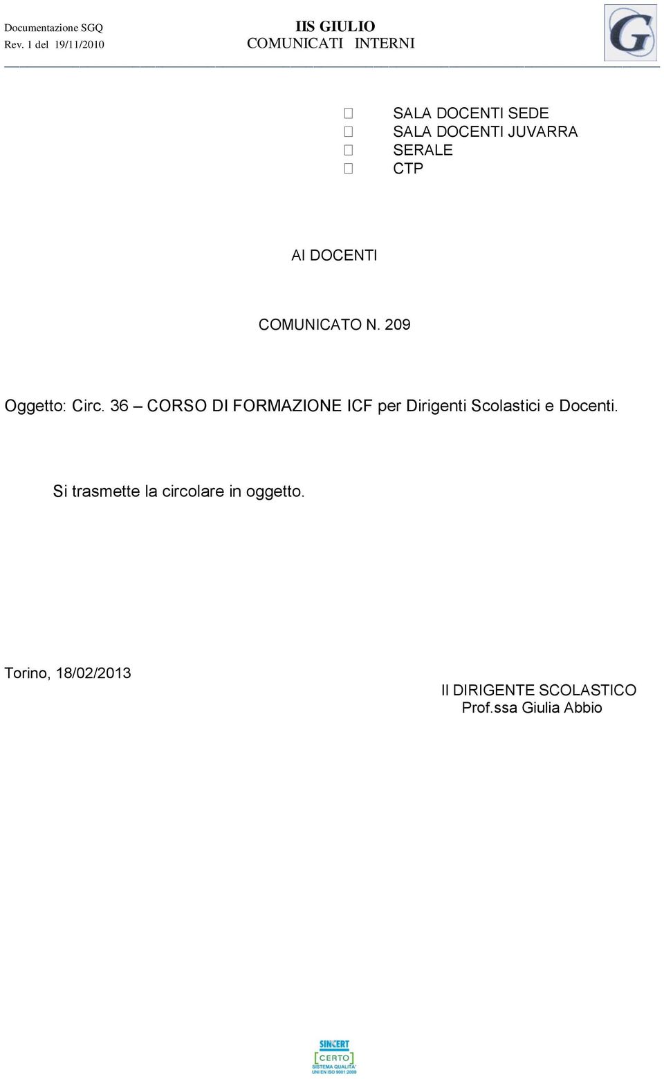 CTP AI DOCENTI COMUNICATO N. 209 Oggetto: Circ.