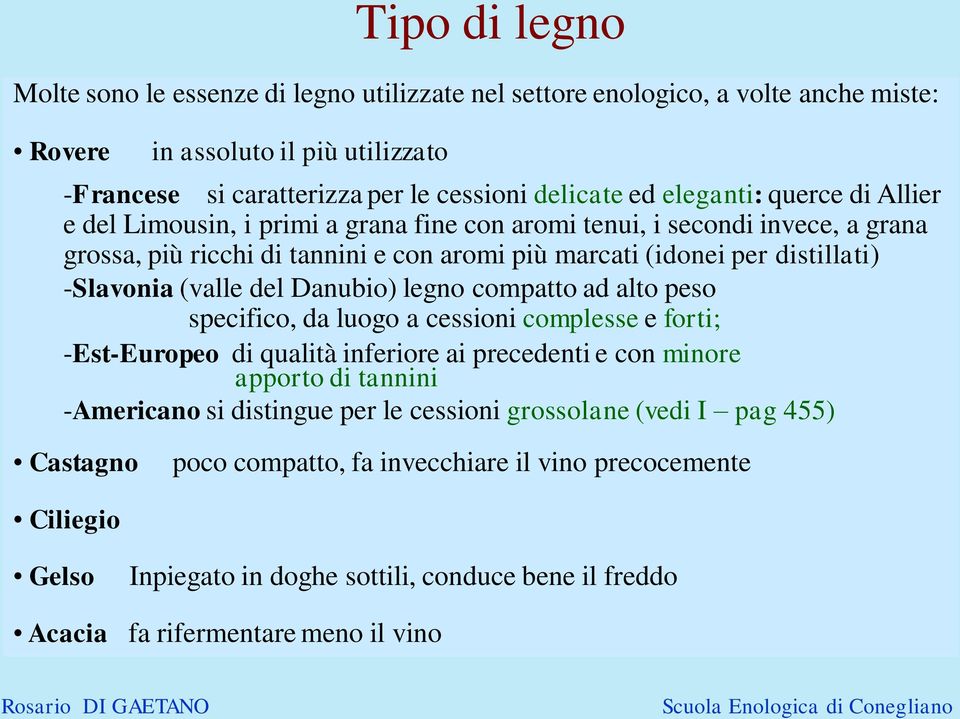 (valle del Danubio) legno compatto ad alto peso specifico, da luogo a cessioni complesse e forti; -Est-Europeo di qualità inferiore ai precedenti e con minore apporto di tannini -Americano si