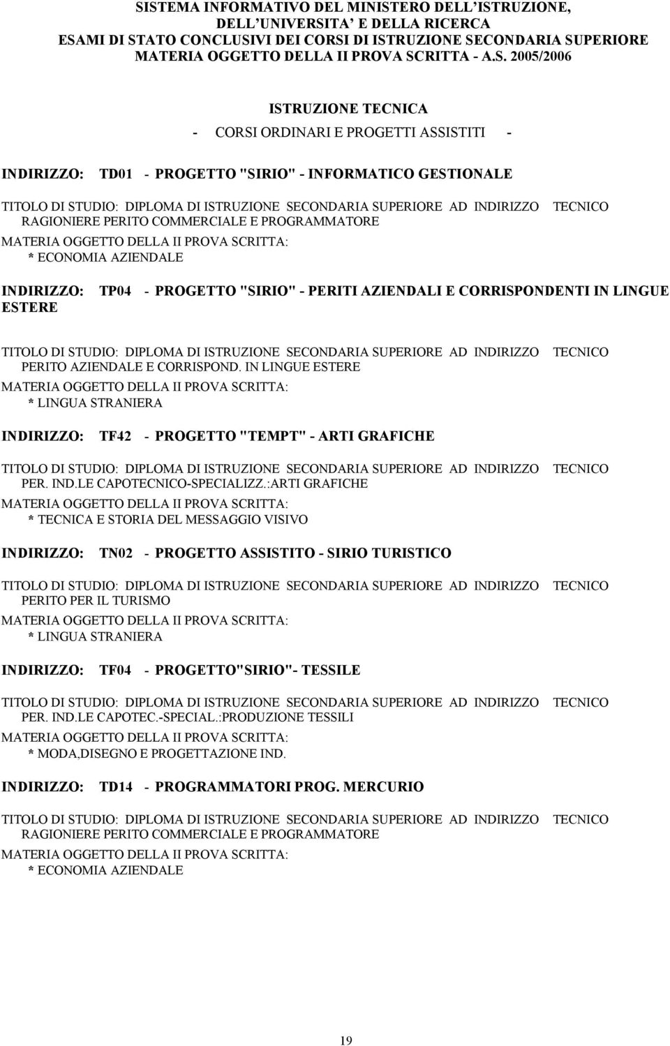 IN LINGUE ESTERE INDIRIZZO: TF42 - PROGETTO "TEMPT" - ARTI GRAFICHE TECNICO PER. IND.LE CAPOTECNICO-SPECIALIZZ.