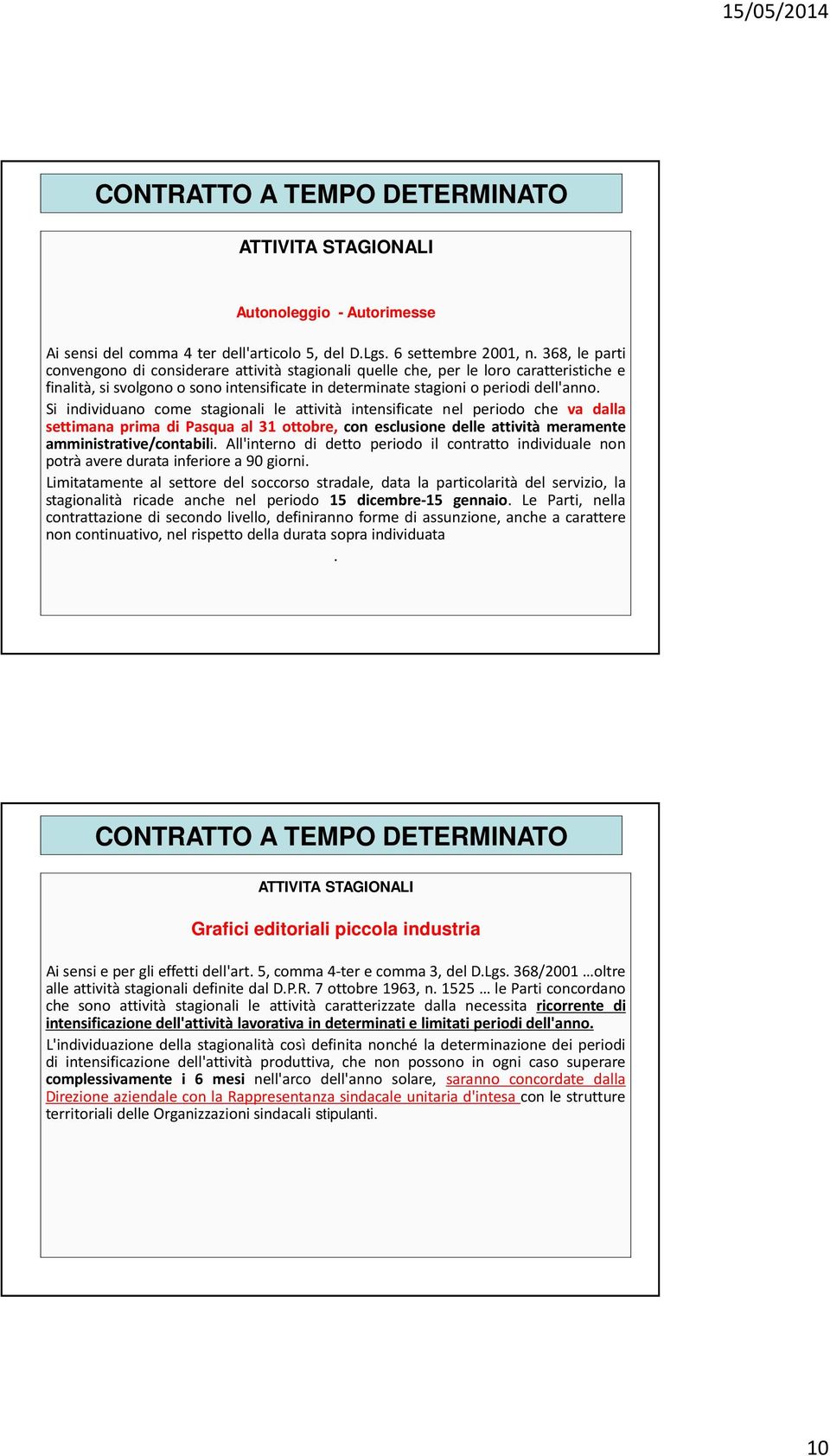 Si individuano come stagionali le attività intensificate nel periodo che va dalla settimana prima di Pasqua al 31 ottobre, con esclusione delle attività meramente amministrative/contabili.