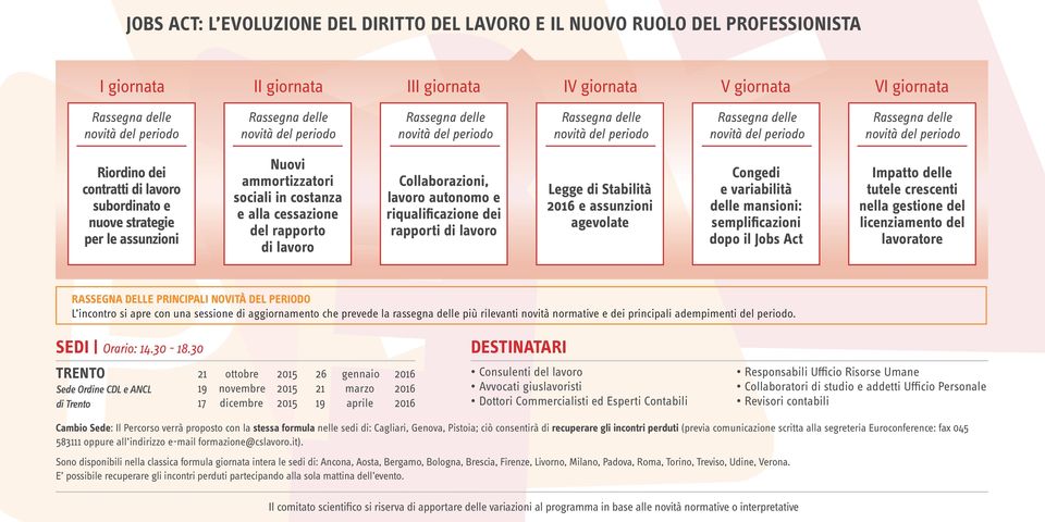 Stabilità 2016 e assunzioni agevolate Congedi e variabilità delle mansioni: semplificazioni dopo il Jobs Act Impatto delle tutele crescenti nella gestione del licenziamento del lavoratore L incontro