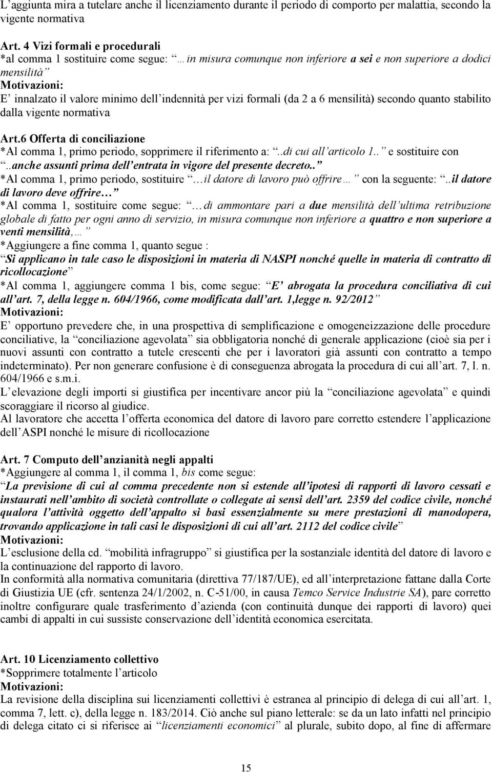 vizi formali (da 2 a 6 mensilità) secondo quanto stabilito dalla vigente normativa Art.6 Offerta di conciliazione *Al comma 1, primo periodo, sopprimere il riferimento a:..di cui all articolo 1.