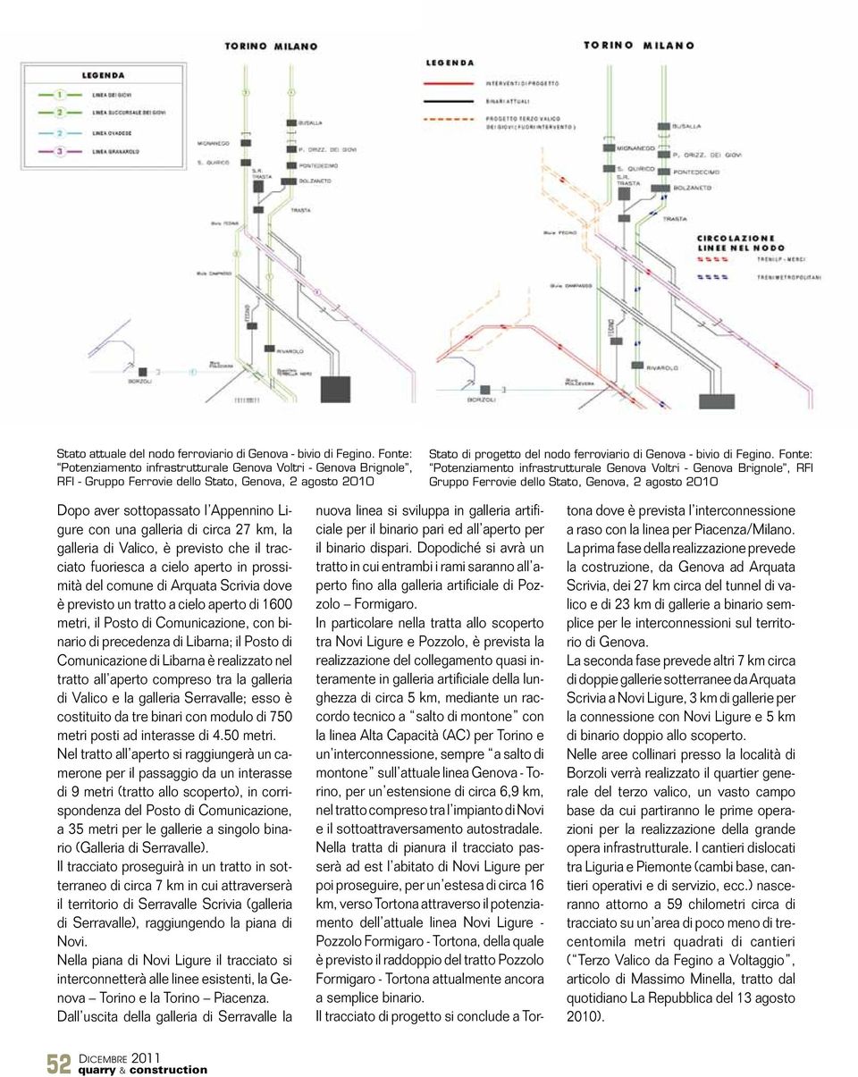 Fonte: Potenziamento infrastrutturale Genova Voltri - Genova Brignole, RFI Gruppo Ferrovie dello Stato, Genova, 2 agosto 2010 Dopo aver sottopassato l Appennino Ligure con una galleria di circa 27