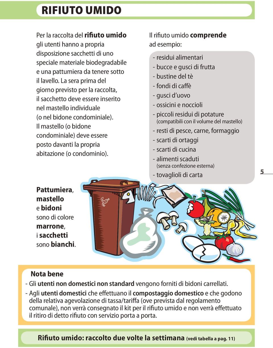 Il mastello (o bidone condominiale) deve essere posto davanti la propria abitazione (o condominio). Pattumiera, mastello e bidoni sono di colore marrone, i sacchetti sono bianchi.