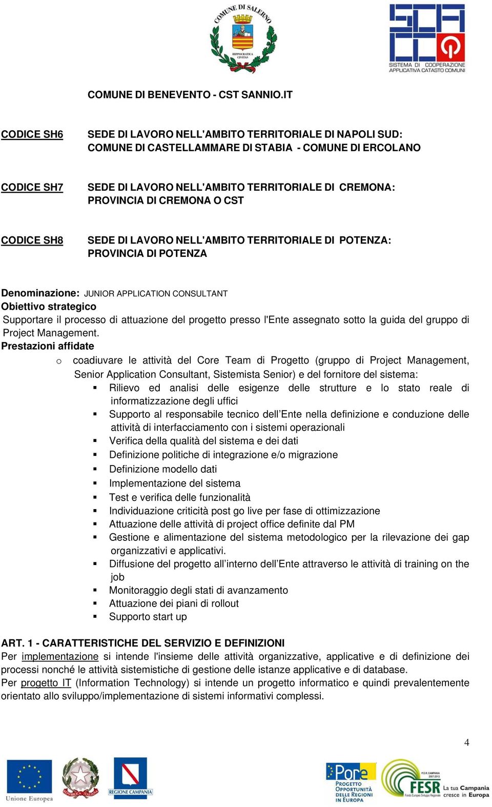 CREMONA O CST CODICE SH8 SEDE DI LAVORO NELL'AMBITO TERRITORIALE DI POTENZA: PROVINCIA DI POTENZA Denominazione: JUNIOR APPLICATION CONSULTANT Obiettivo strategico Supportare il processo di