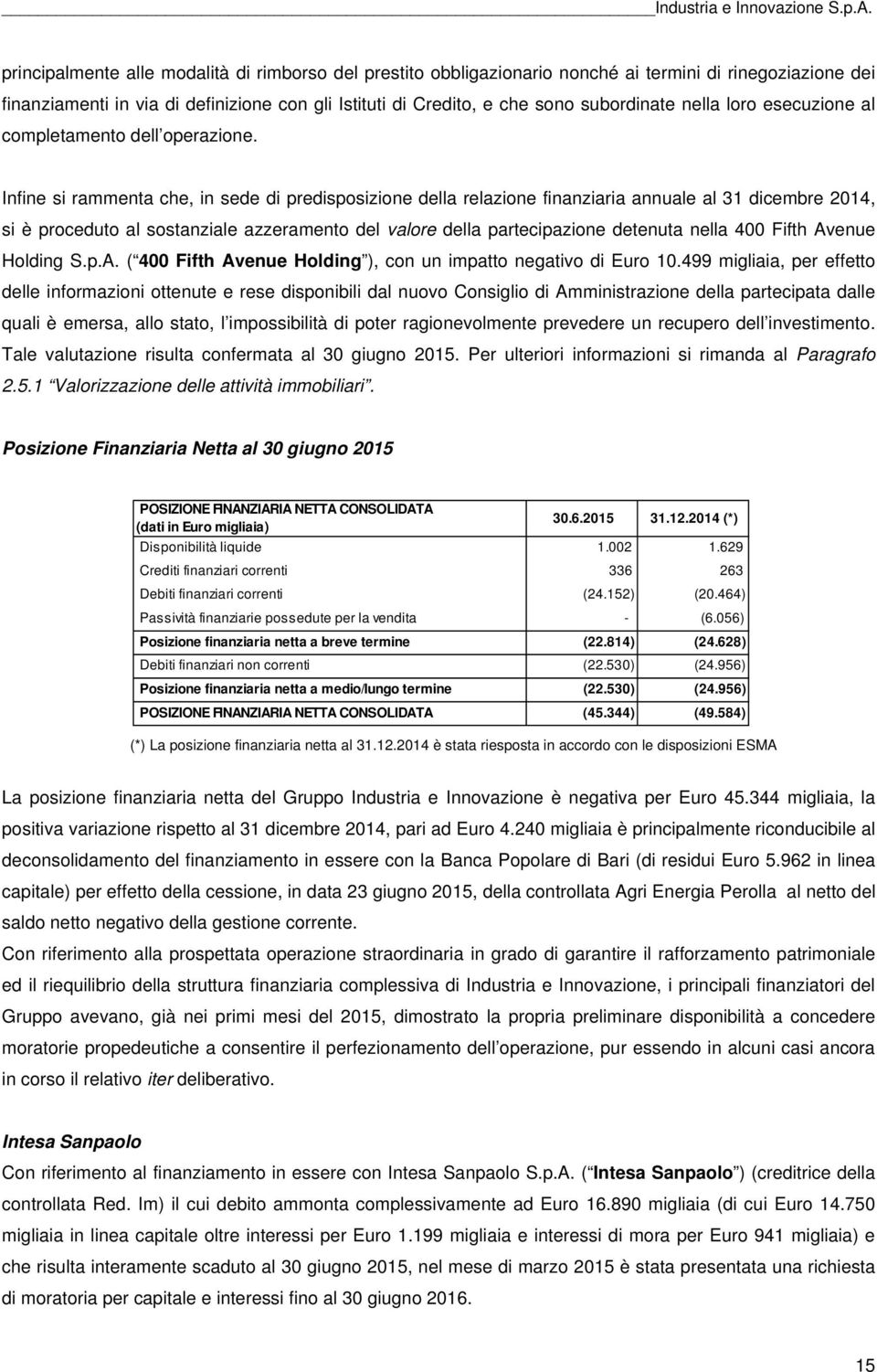 Infine si rammenta che, in sede di predisposizione della relazione finanziaria annuale al 31 dicembre 2014, si è proceduto al sostanziale azzeramento del valore della partecipazione detenuta nella