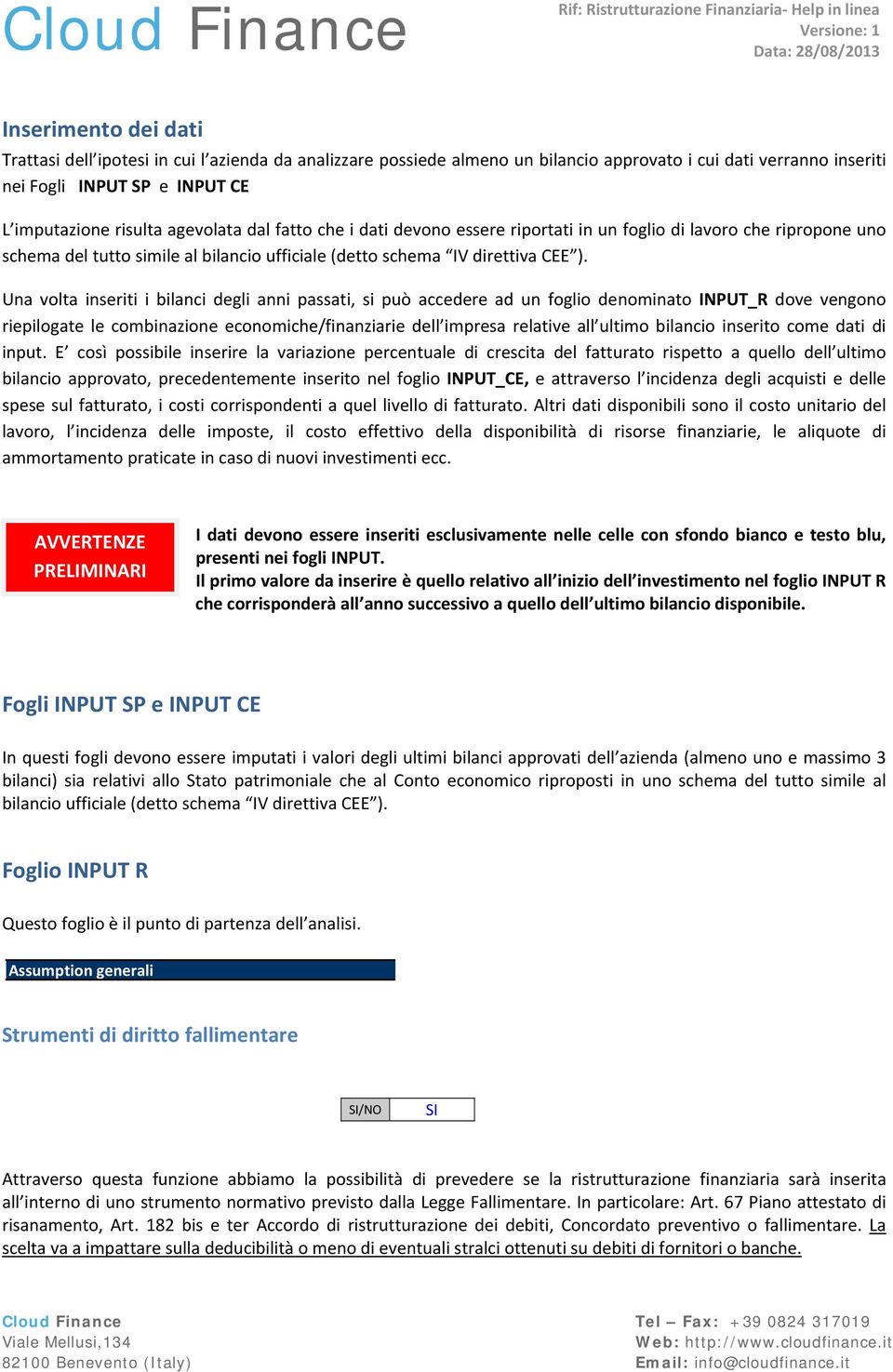 Una volta inseriti i bilanci degli anni passati, si può accedere ad un foglio denominato INPUT_R dove vengono riepilogate le combinazione economiche/finanziarie dell impresa relative all ultimo