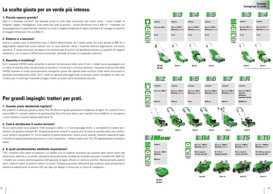 I tosaerba con equipaggiamento supplementare, trazione su ruote e maggiore larghezza di taglio si prestano all impiego su superfici di maggiori dimensioni fino a 3.000 m2. 2. Elettrici o?